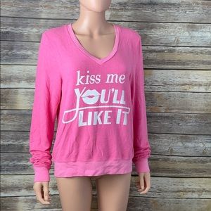 Wildfox Pink “Kiss Me... “ V-Neck Sweatshirt